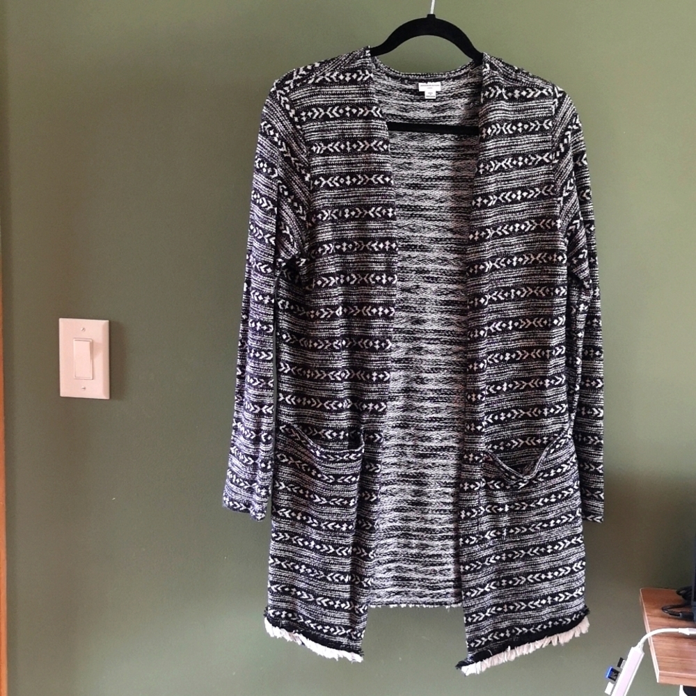 Jacqueline de Yong Fringed Open Cardigan Black & White Size L Silver Icing
